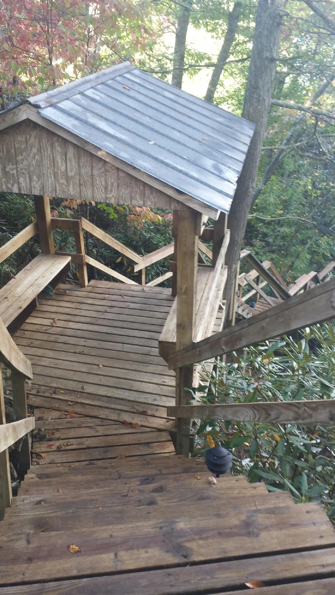 Metal roofed shelter over wooden steps on a wooded walkway — Skylight Repair & Installation work by our crew in Maceo